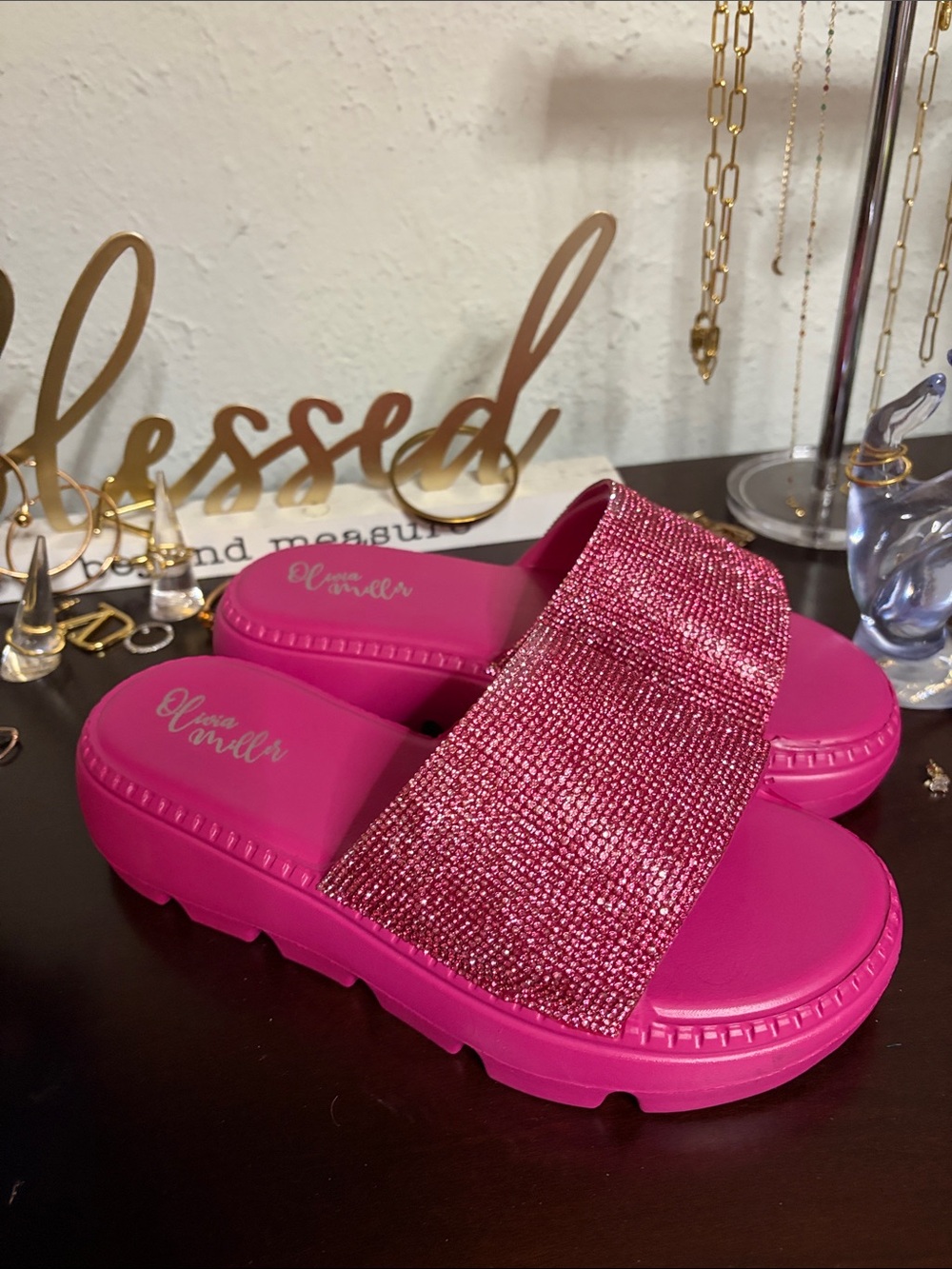 Olivia Miller Hot Pink Crystal Slide Sandals